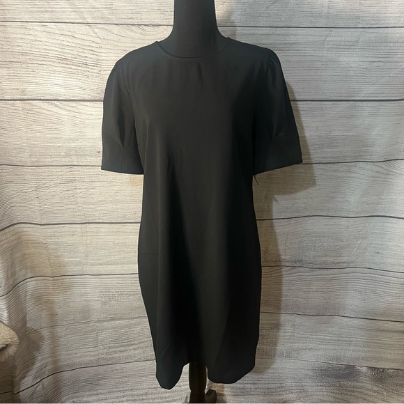 Lark & Ro Classic CrewNeck Black Sheath Dress with Puffed Sleeves - Picture 2 of 8